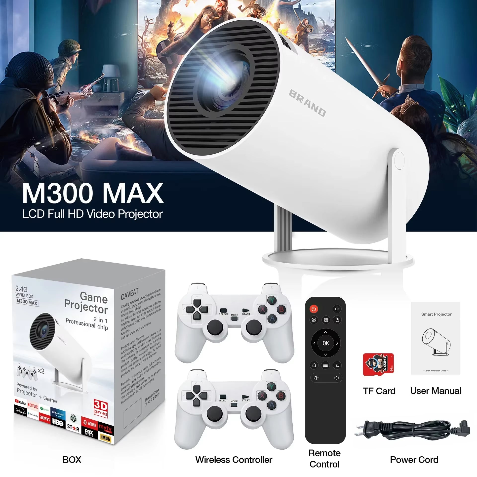 2025 M300 MAX Retro Game Consoles Android11 Portable 3D Game Projector with Two Handle RK3326 1080P BT5.4 4K Smart Home Theater